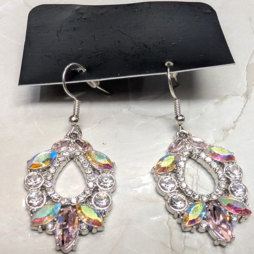 New AB Aurora Borealis Dangle Earrings Iridescent Silver Tone Rhinestone Drop